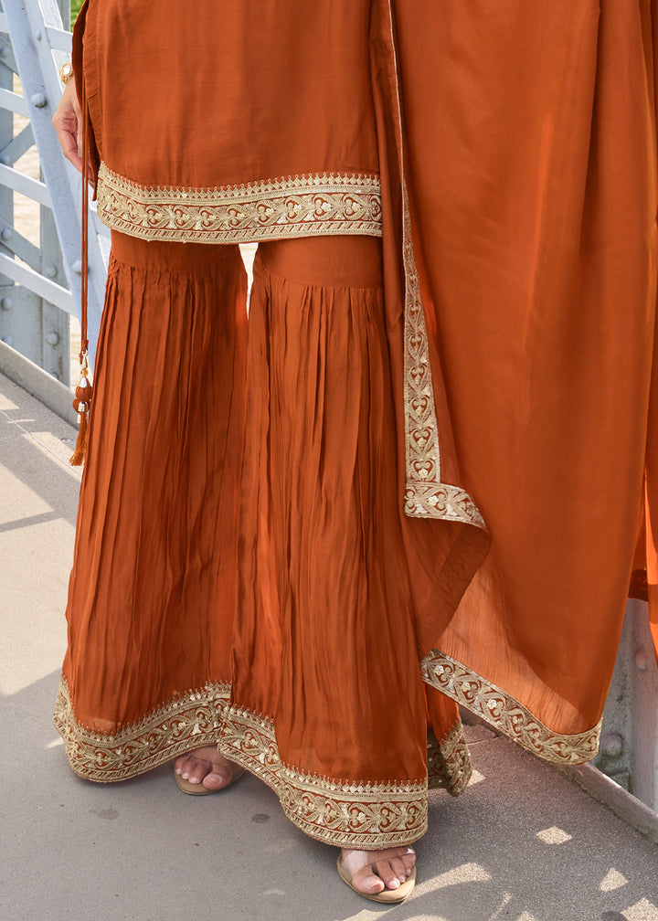 Rust Orange Silk Sharara Suit Set with Intricate Thread Embroidery, Zari & Sequin Work