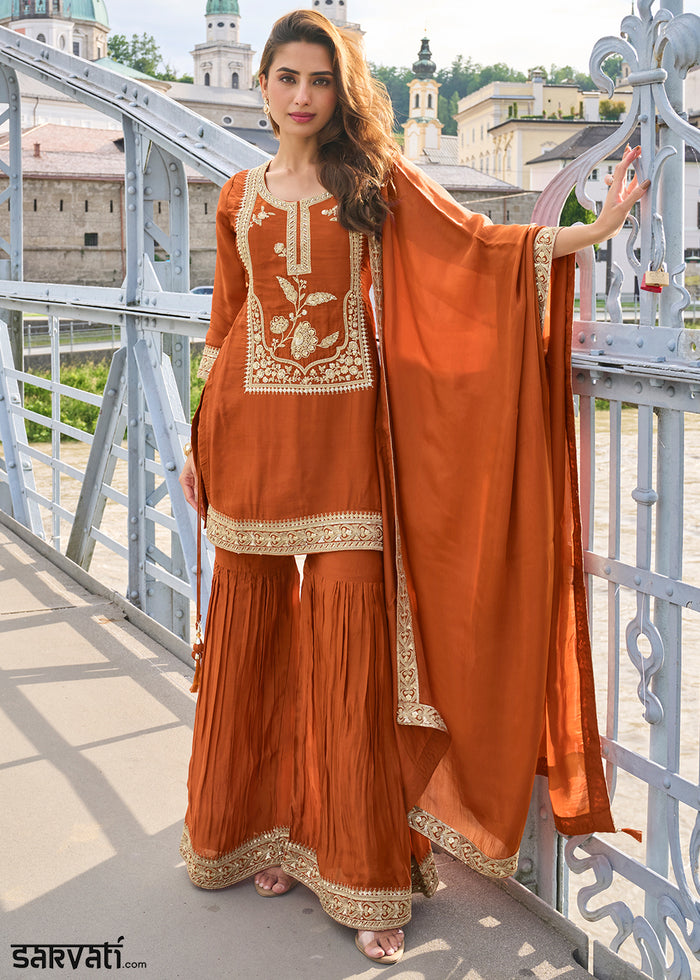 Rust Orange Silk Sharara Suit Set with Intricate Thread Embroidery, Zari & Sequin Work