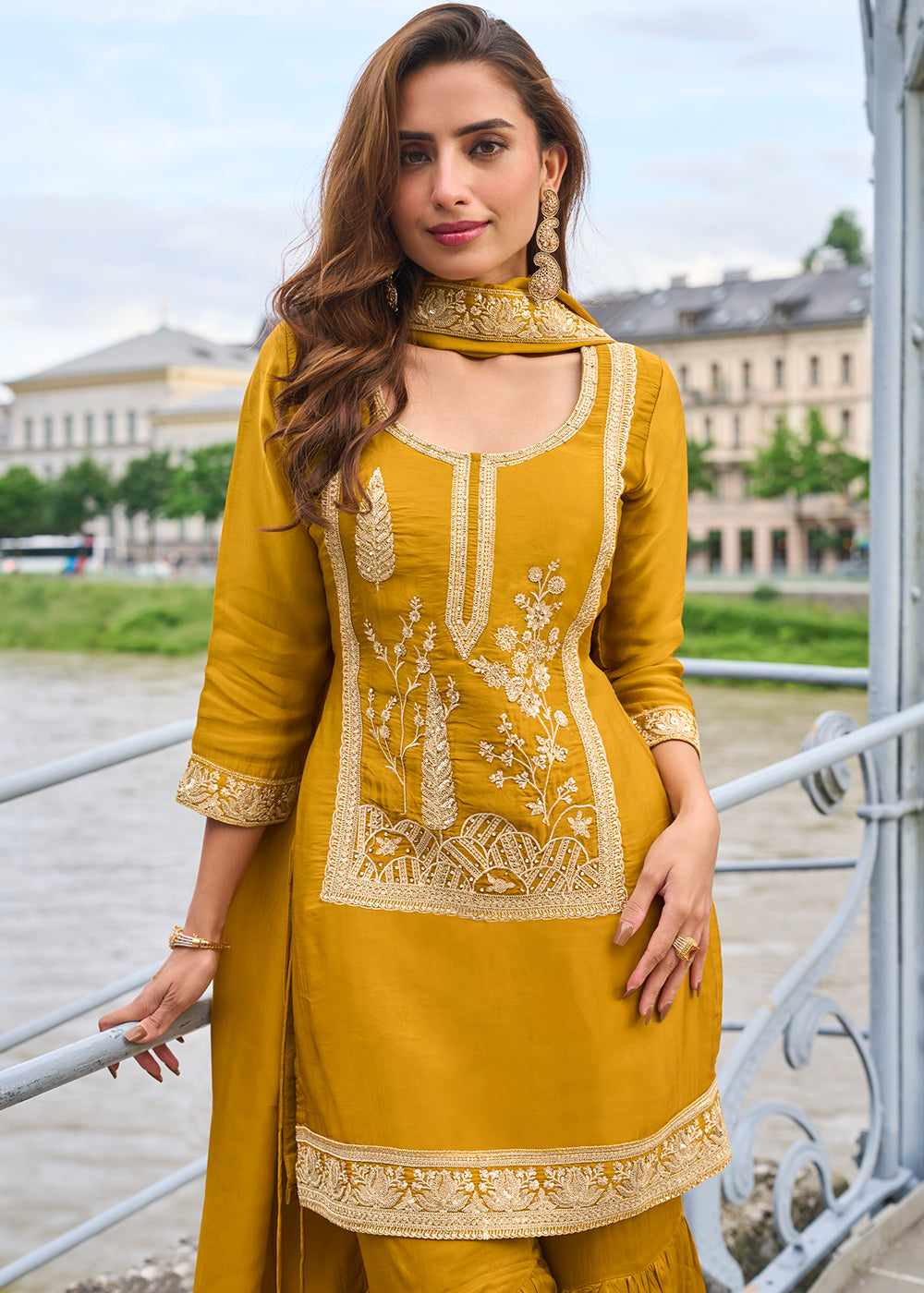 Mustard Yellow Silk Sharara Suit Set with Intricate Thread Embroidery, Zari & Sequin Work