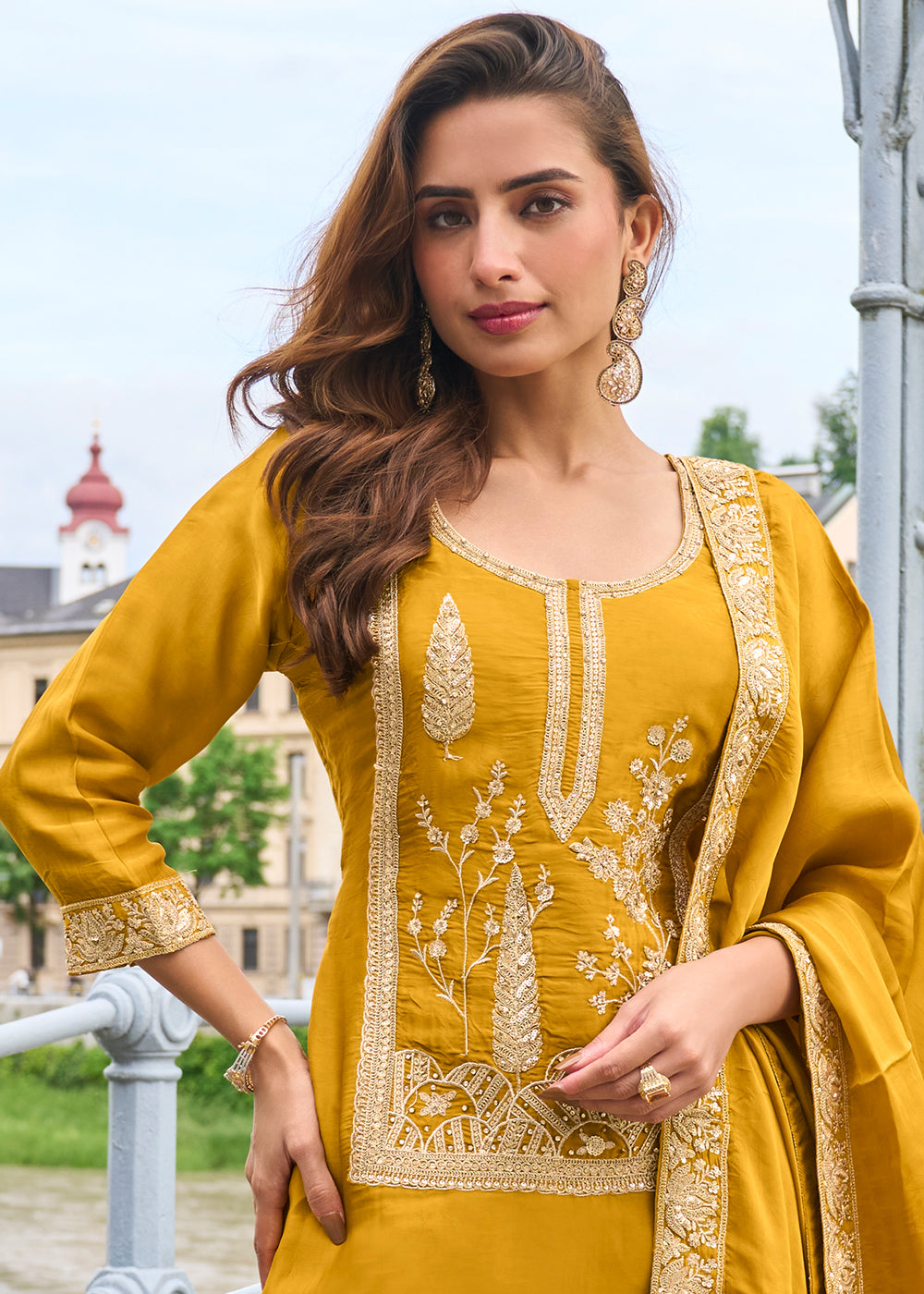 Mustard Yellow Silk Sharara Suit Set with Intricate Thread Embroidery, Zari & Sequin Work