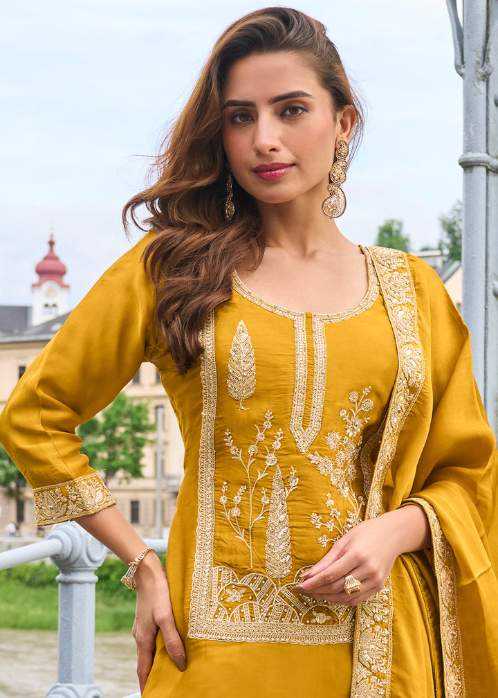 Mustard Yellow Silk Sharara Suit Set with Intricate Thread Embroidery, Zari & Sequin Work
