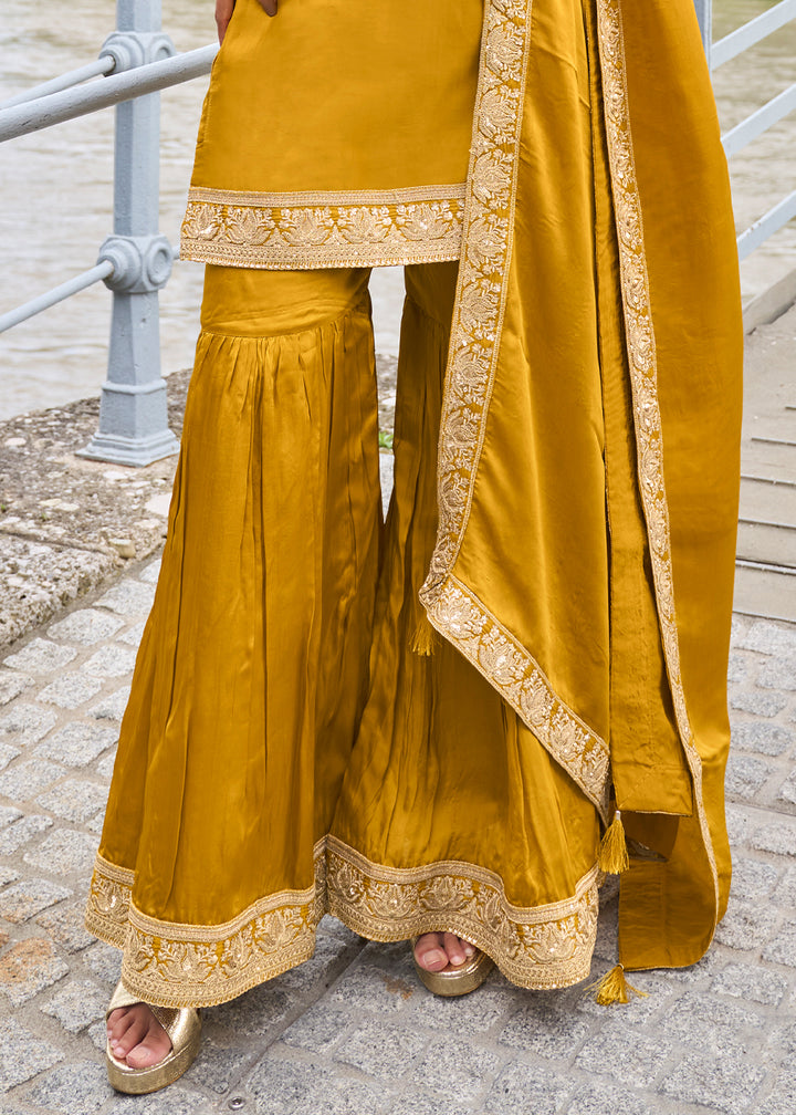 Mustard Yellow Silk Sharara Suit Set with Intricate Thread Embroidery, Zari & Sequin Work