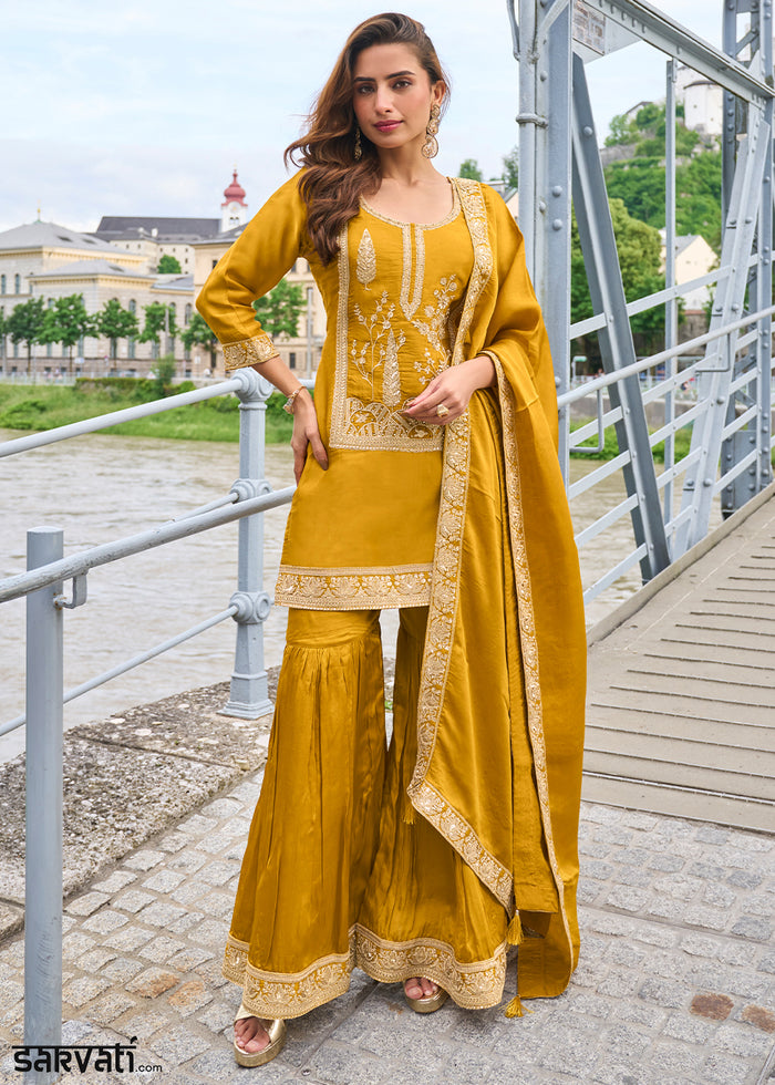 Mustard Yellow Silk Sharara Suit Set with Intricate Thread Embroidery, Zari & Sequin Work