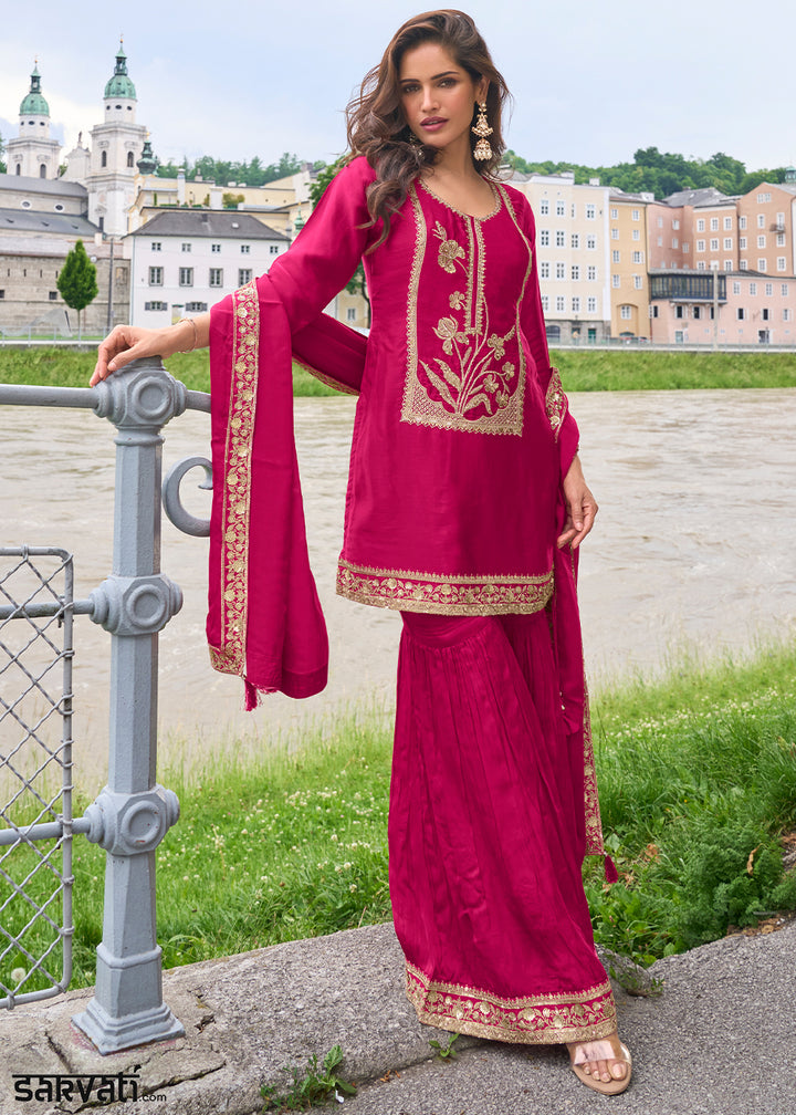 Magenta Pink Silk Sharara Suit Set with Intricate Thread Embroidery, Zari & Sequin Work