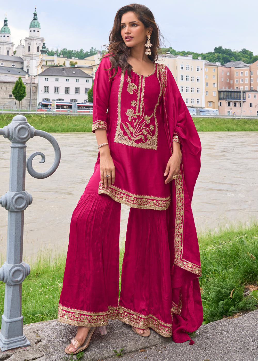 Magenta Pink Silk Sharara Suit Set with Intricate Thread Embroidery, Zari & Sequin Work