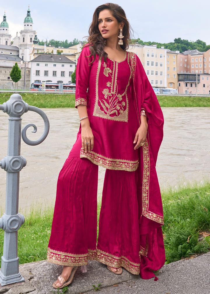 Magenta Pink Silk Sharara Suit Set with Intricate Thread Embroidery, Zari & Sequin Work