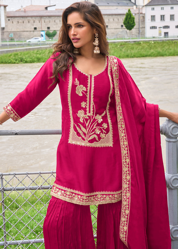 Magenta Pink Silk Sharara Suit Set with Intricate Thread Embroidery, Zari & Sequin Work