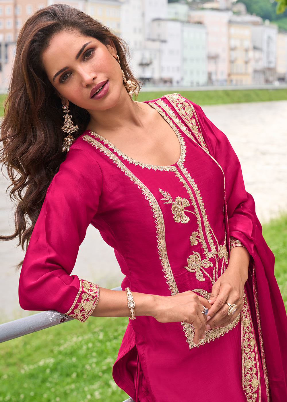 Magenta Pink Silk Sharara Suit Set with Intricate Thread Embroidery, Zari & Sequin Work