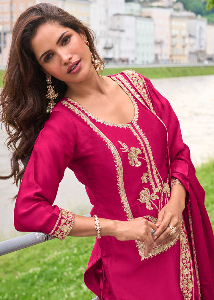 Magenta Pink Silk Sharara Suit Set with Intricate Thread Embroidery, Zari & Sequin Work