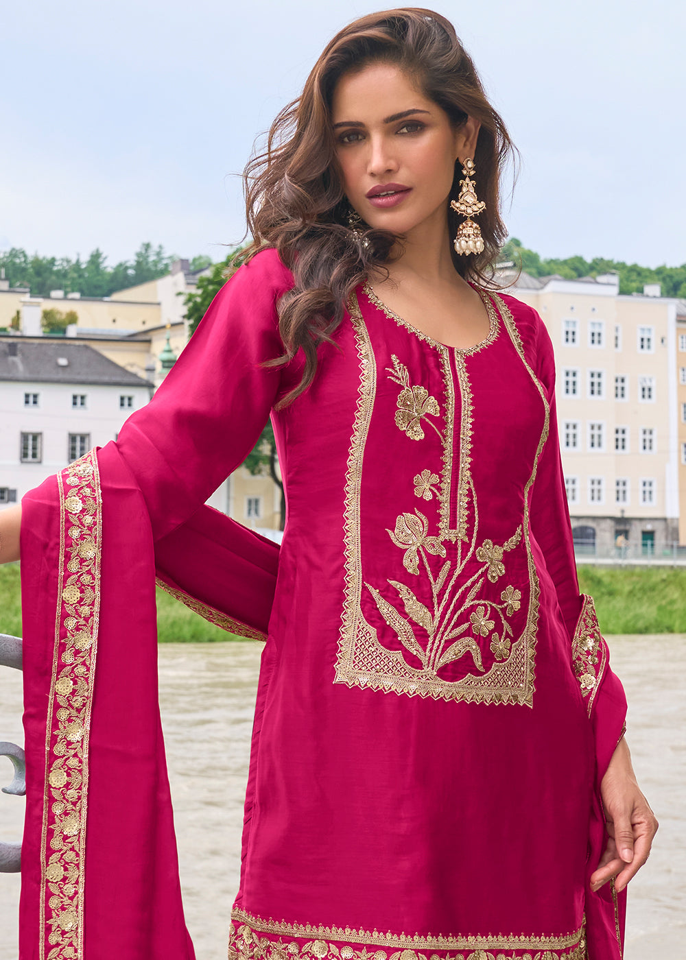 Magenta Pink Silk Sharara Suit Set with Intricate Thread Embroidery, Zari & Sequin Work