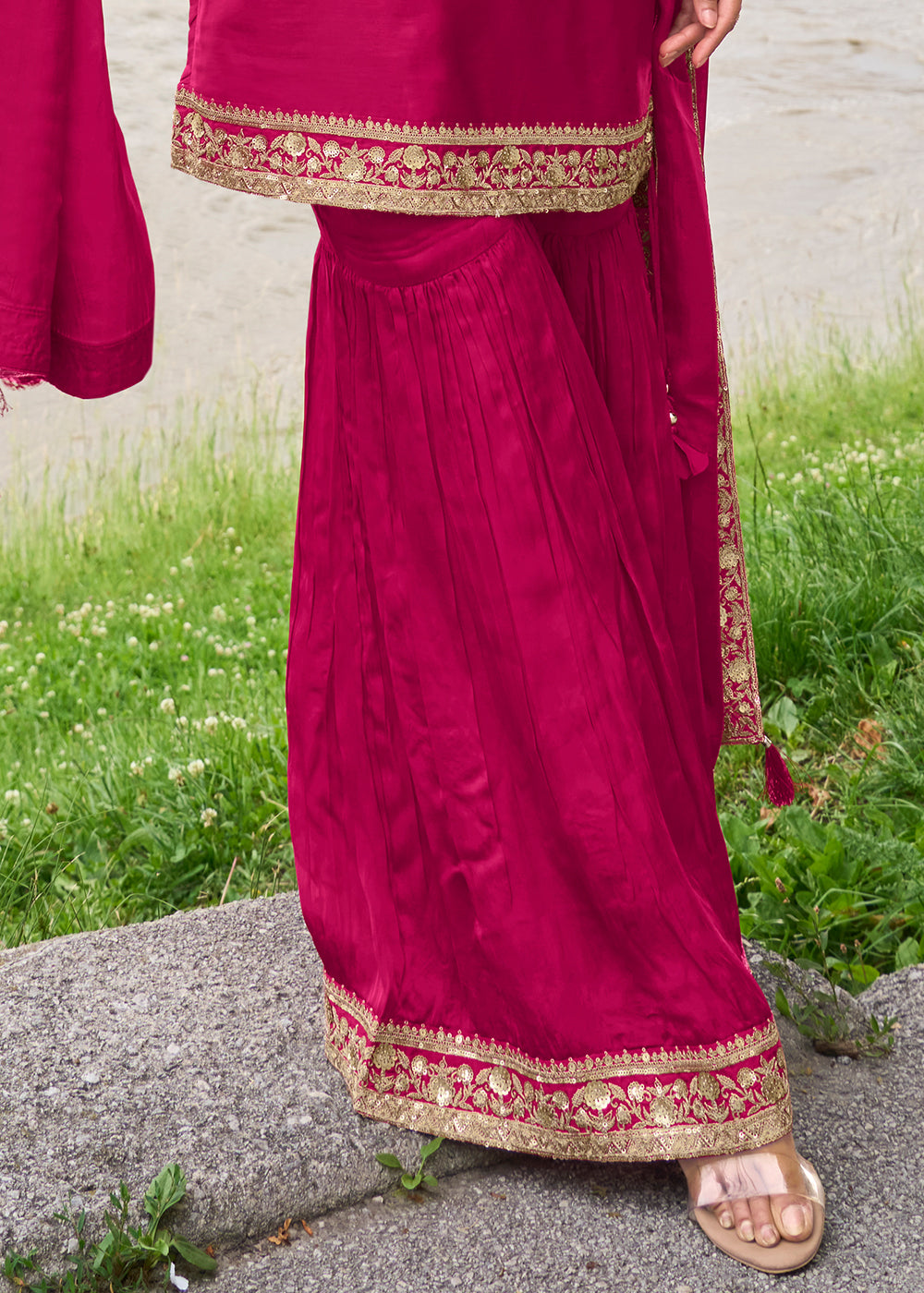 Magenta Pink Silk Sharara Suit Set with Intricate Thread Embroidery, Zari & Sequin Work