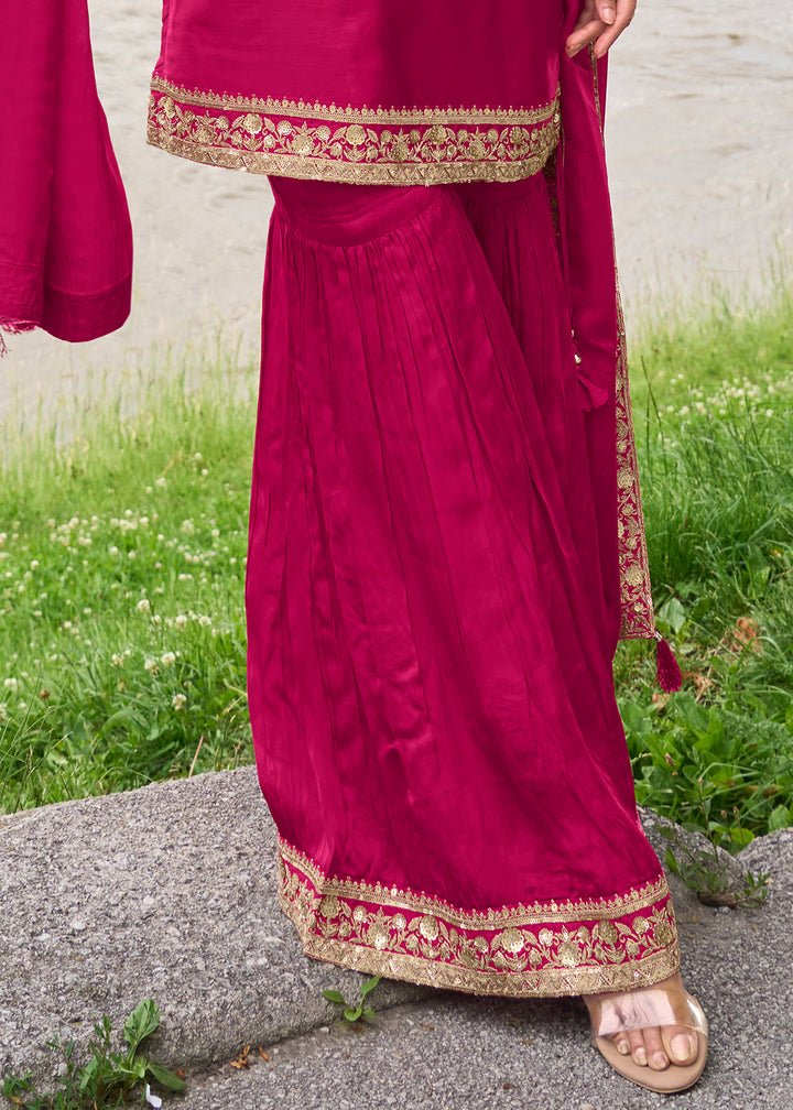 Magenta Pink Silk Sharara Suit Set with Intricate Thread Embroidery, Zari & Sequin Work