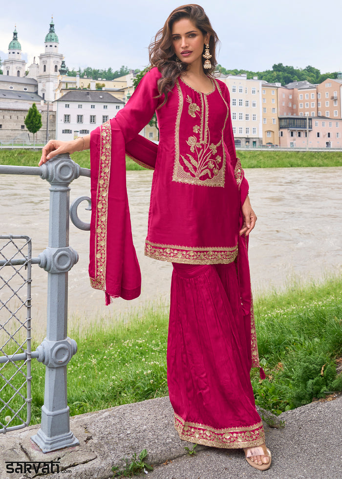 Magenta Pink Silk Sharara Suit Set with Intricate Thread Embroidery, Zari & Sequin Work