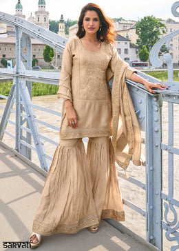 Sand Beige Silk Sharara Suit Set with Intricate Thread Embroidery, Zari & Sequin Work