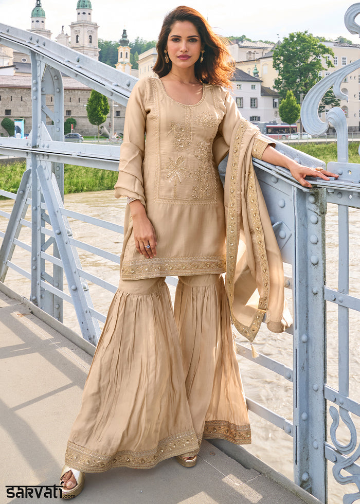 Sand Beige Silk Sharara Suit Set with Intricate Thread Embroidery, Zari & Sequin Work