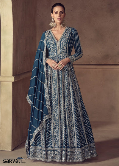 Egyptian Blue Chinon Silk Anarkali Suit with Dual Side Embroidery