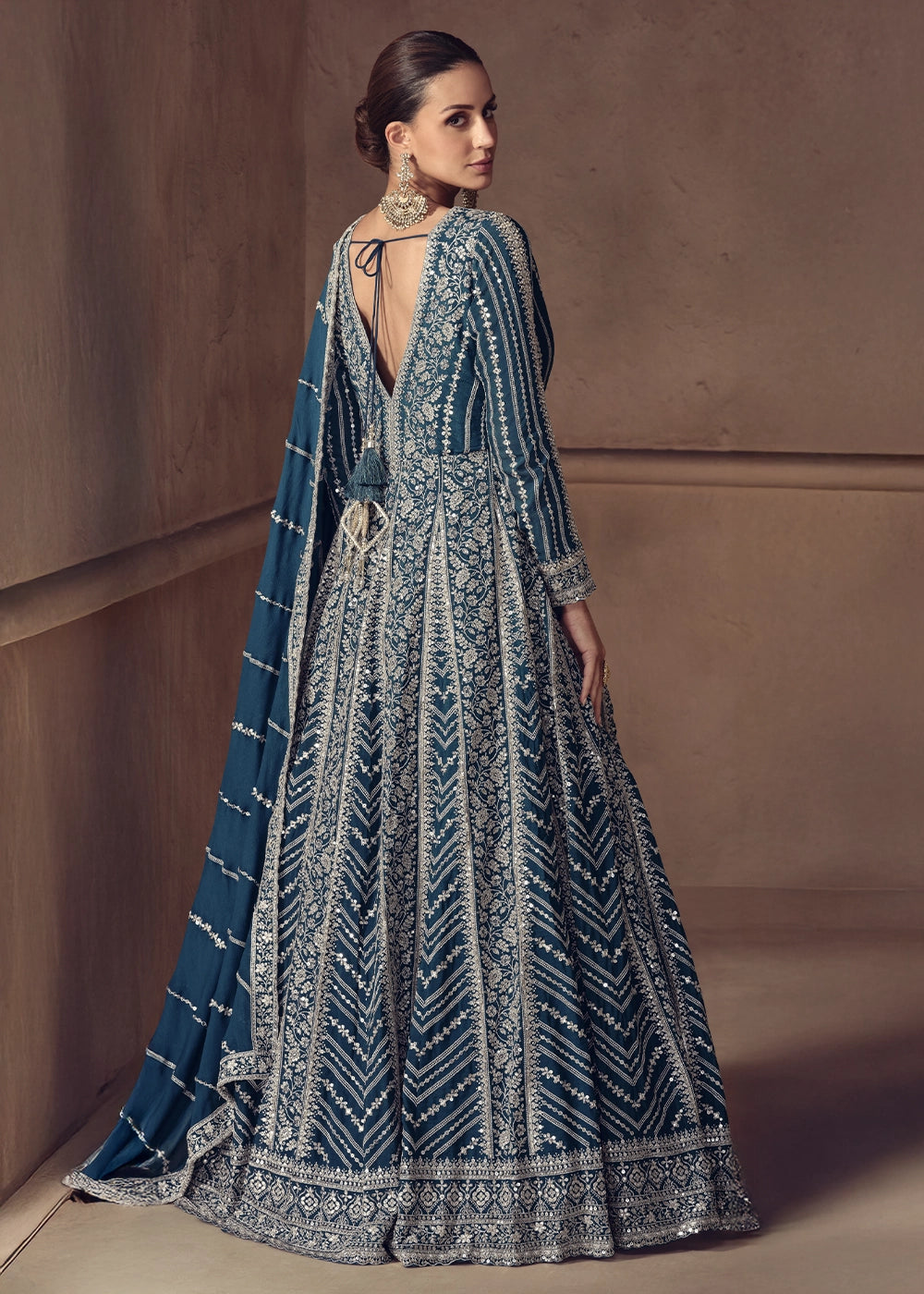 Egyptian Blue Chinon Silk Anarkali Suit with Dual Side Embroidery