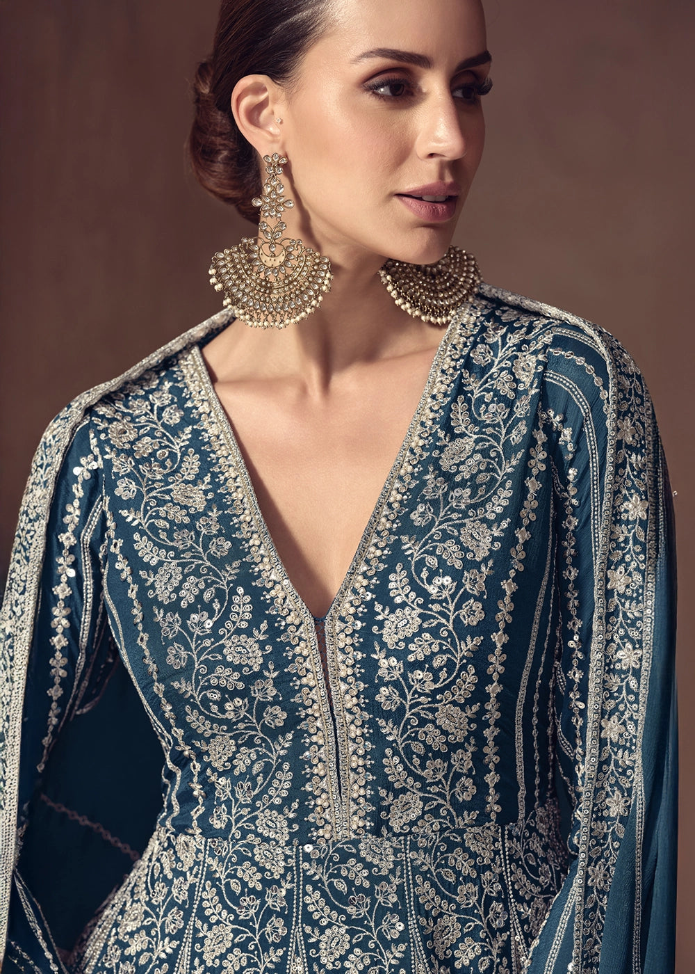 Egyptian Blue Chinon Silk Anarkali Suit with Dual Side Embroidery