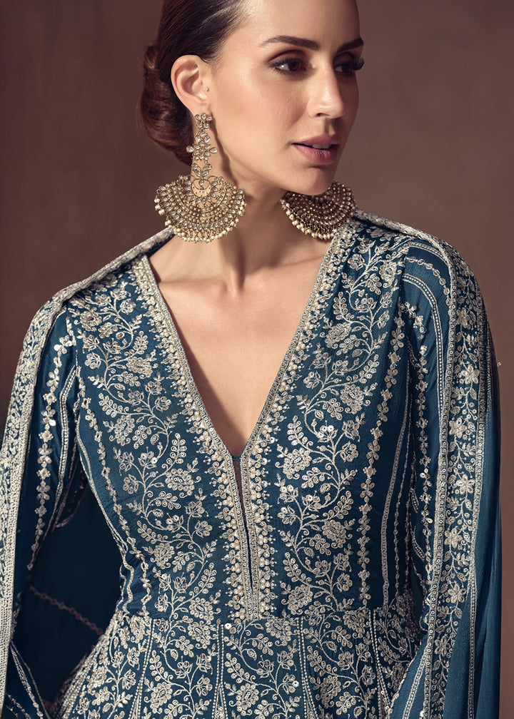 Egyptian Blue Chinon Silk Anarkali Suit with Dual Side Embroidery