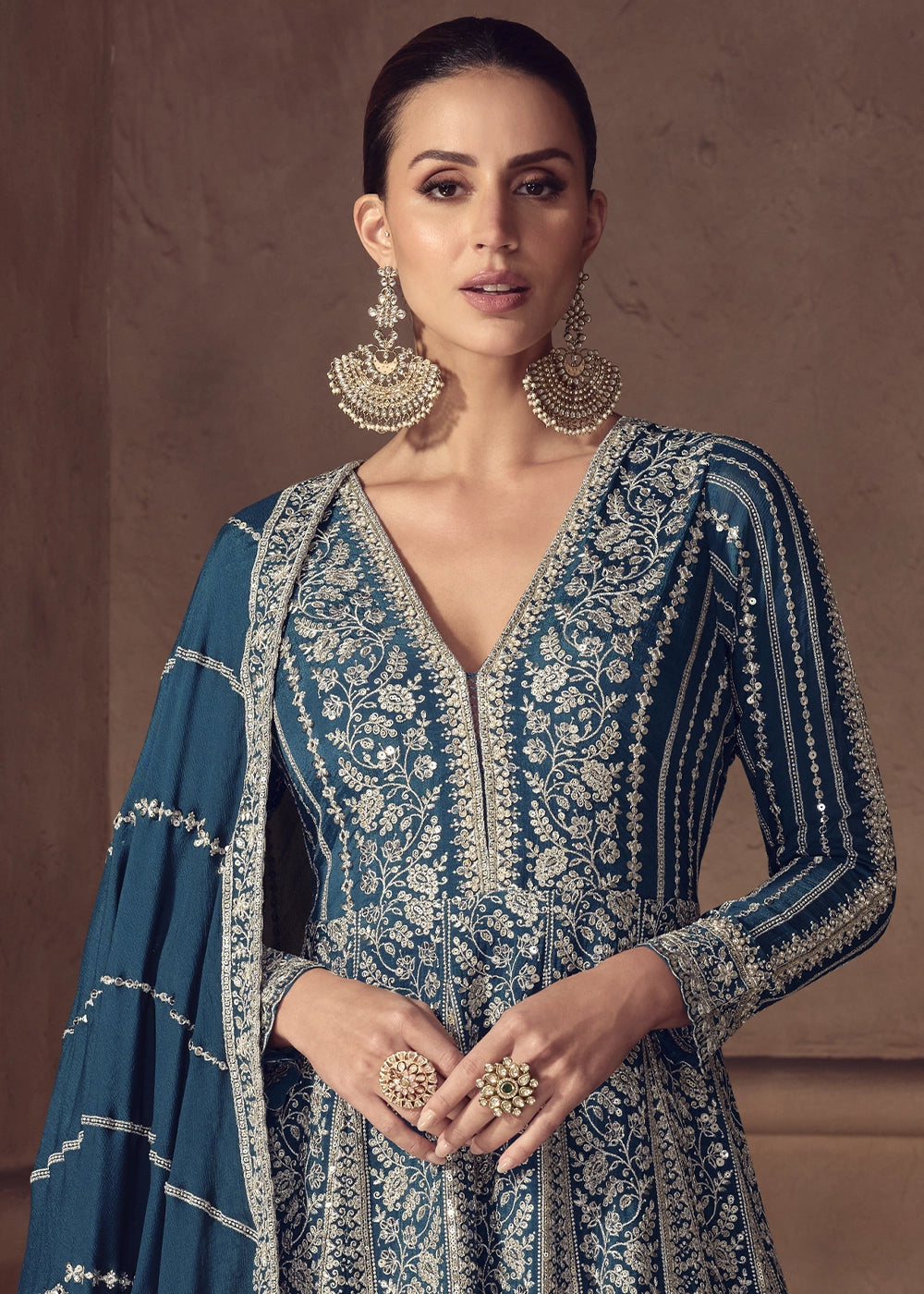 Egyptian Blue Chinon Silk Anarkali Suit with Dual Side Embroidery