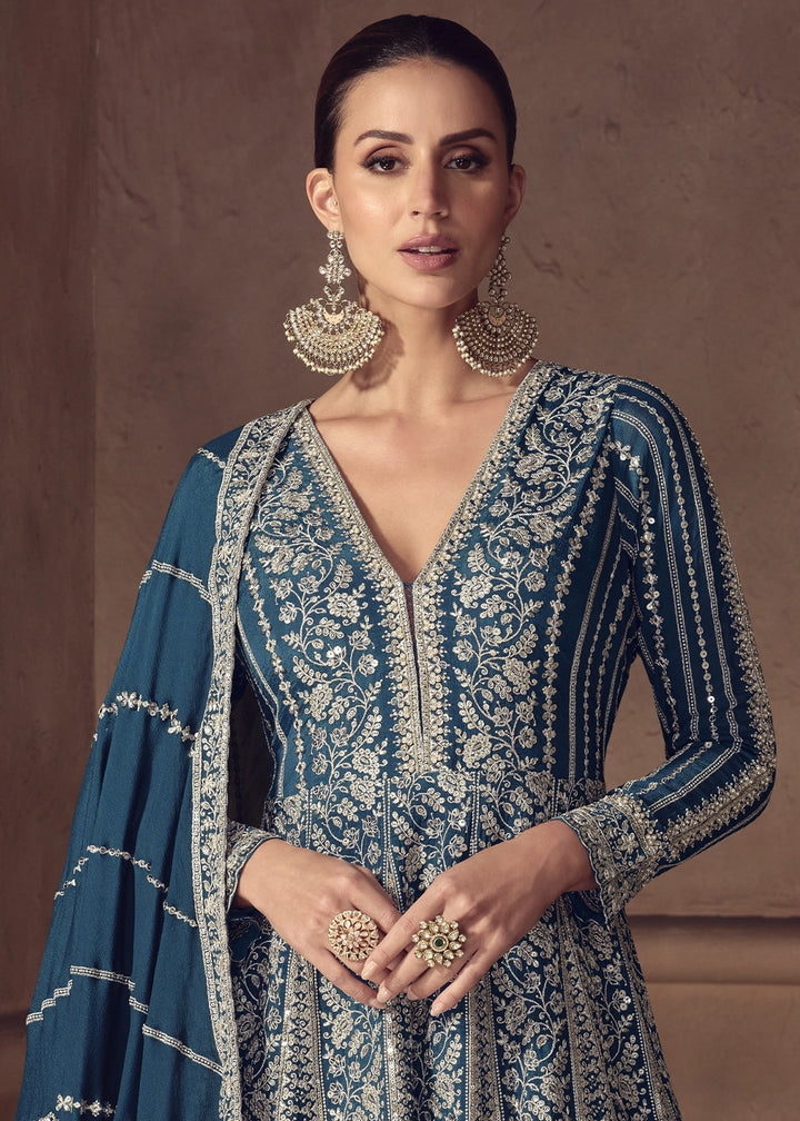 Egyptian Blue Chinon Silk Anarkali Suit with Dual Side Embroidery