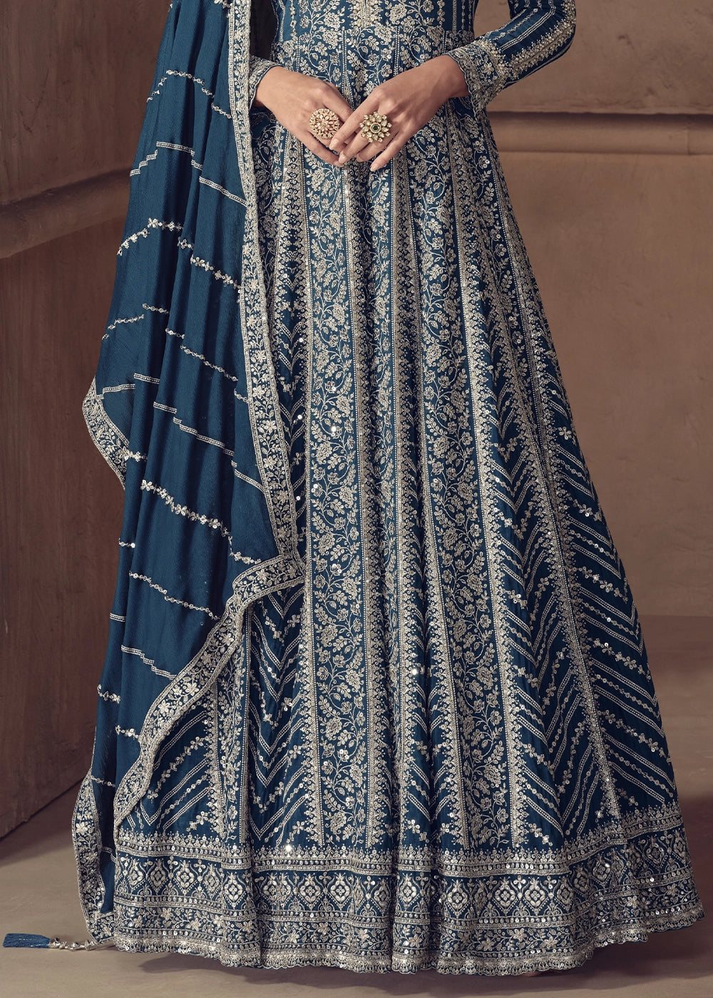 Egyptian Blue Chinon Silk Anarkali Suit with Dual Side Embroidery