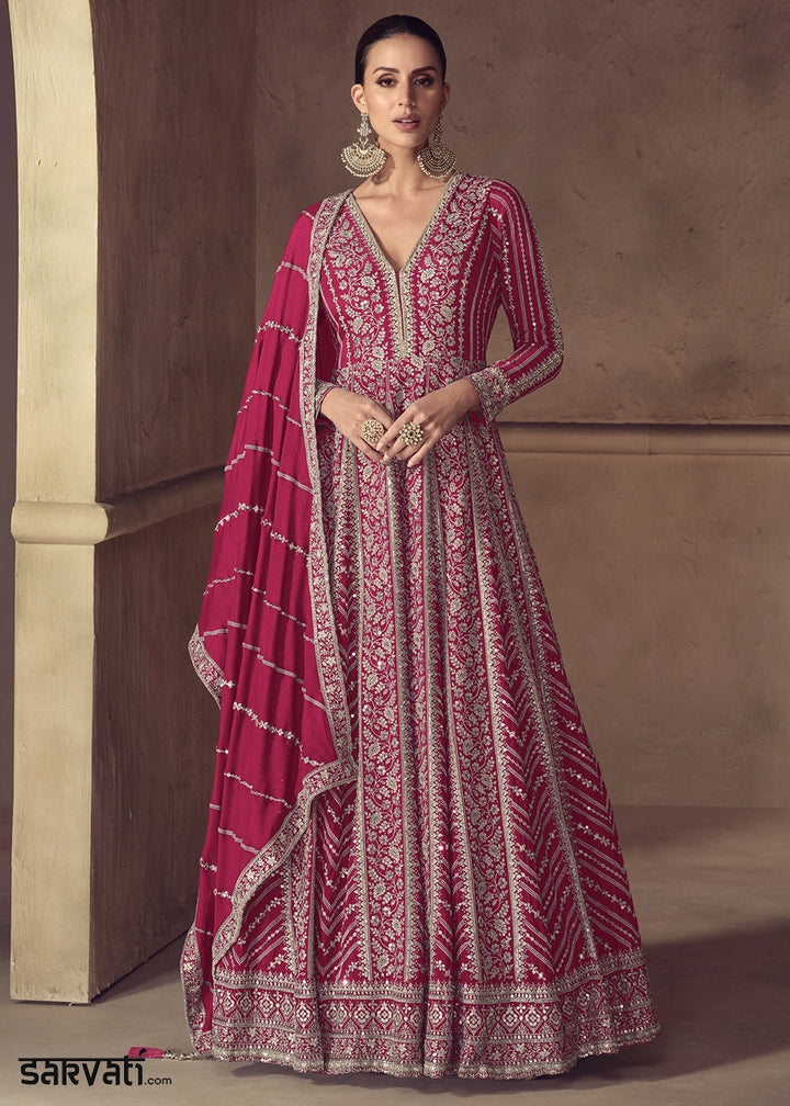 Cerise Pink Chinon Silk Anarkali Suit with Dual Side Embroidery