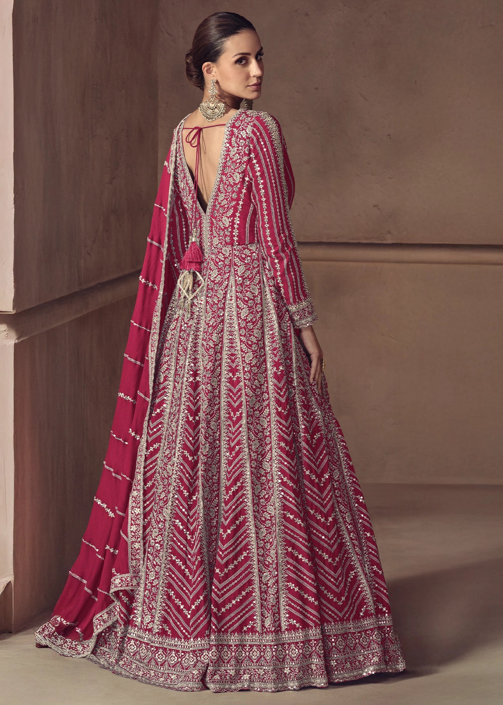 Cerise Pink Chinon Silk Anarkali Suit with Dual Side Embroidery