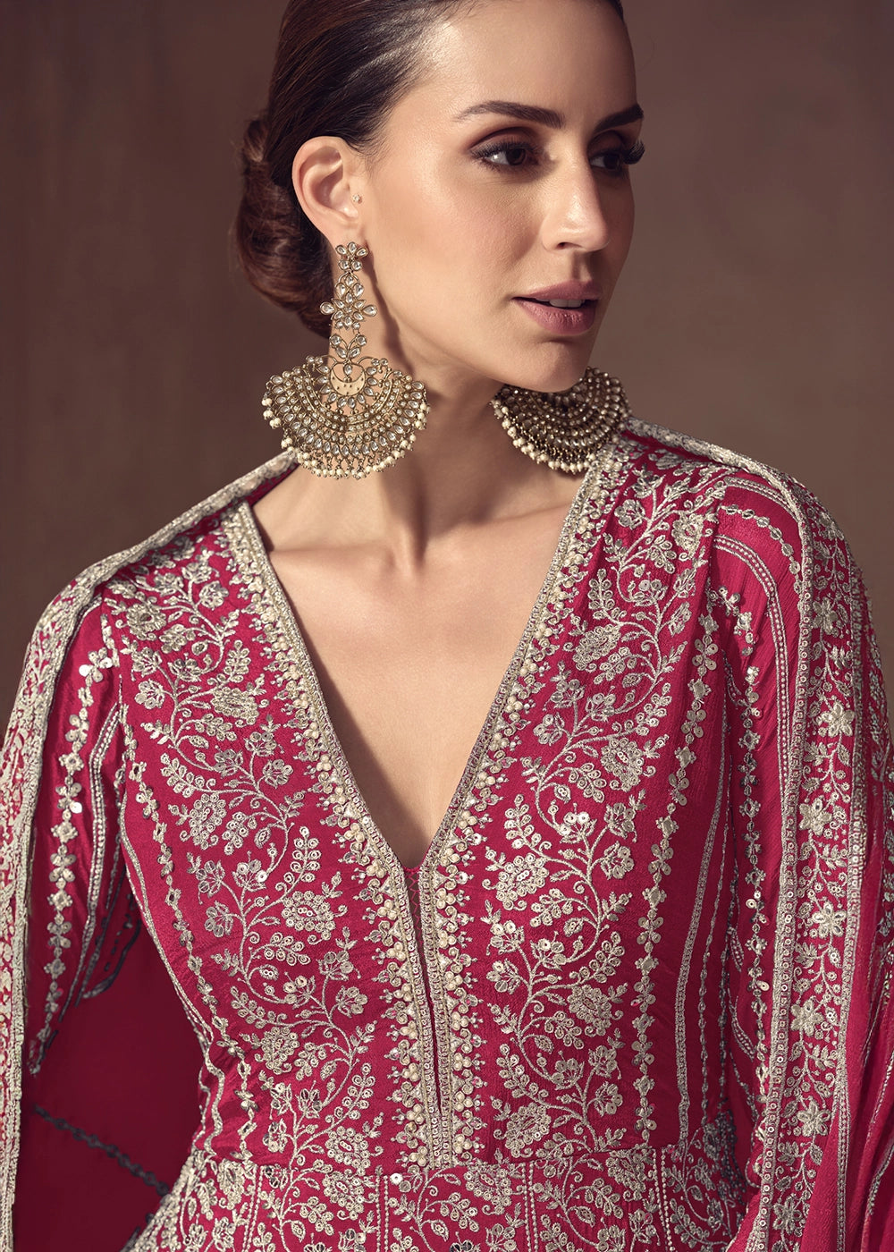 Cerise Pink Chinon Silk Anarkali Suit with Dual Side Embroidery