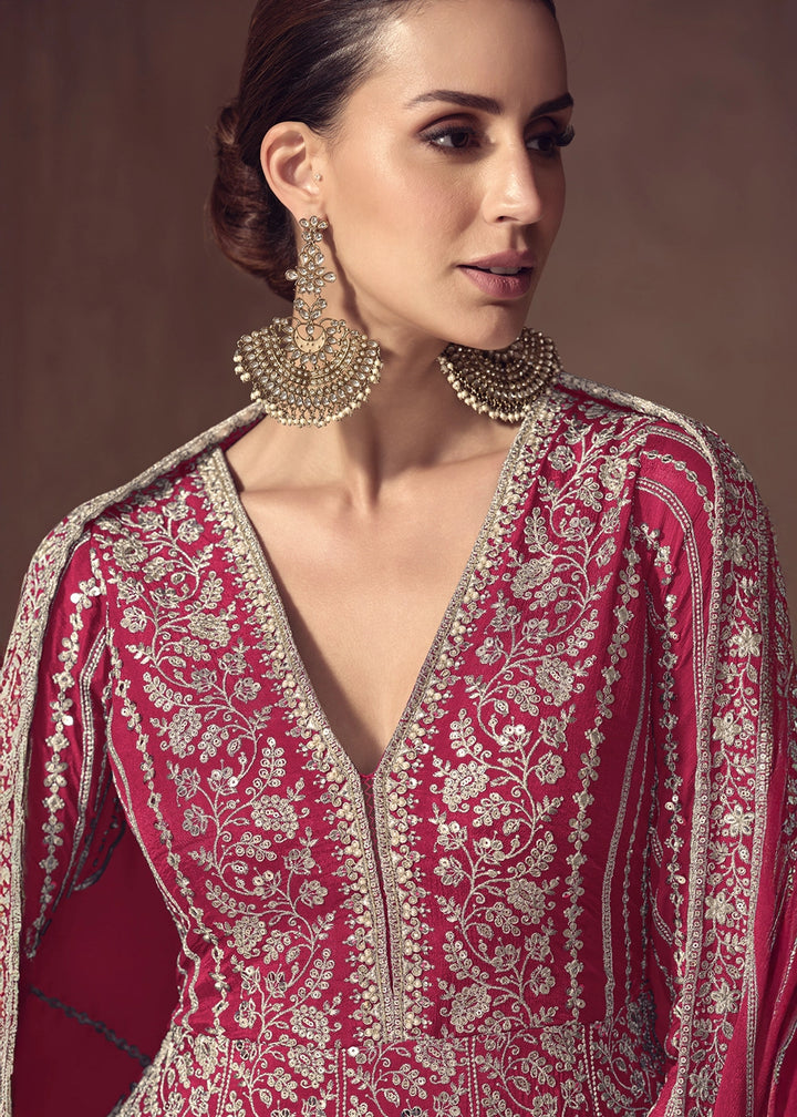 Cerise Pink Chinon Silk Anarkali Suit with Dual Side Embroidery