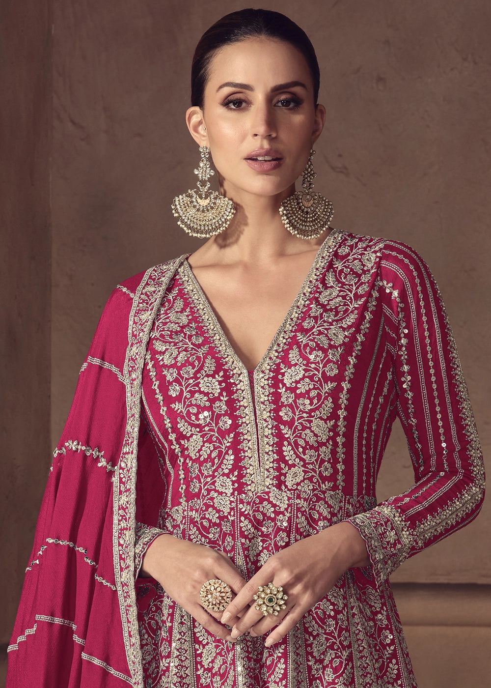 Cerise Pink Chinon Silk Anarkali Suit with Dual Side Embroidery