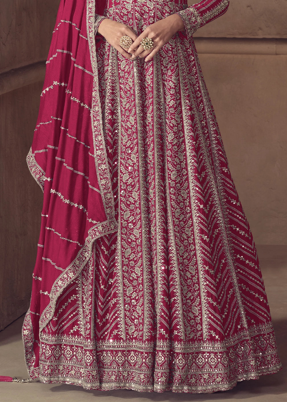Cerise Pink Chinon Silk Anarkali Suit with Dual Side Embroidery