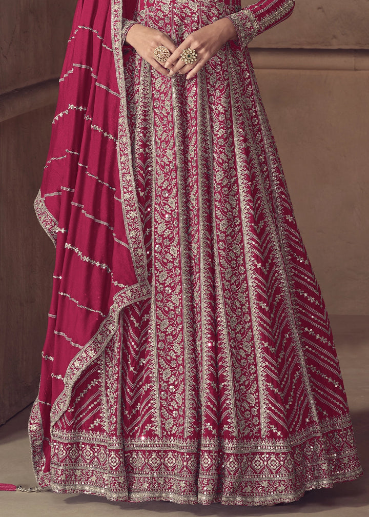 Cerise Pink Chinon Silk Anarkali Suit with Dual Side Embroidery