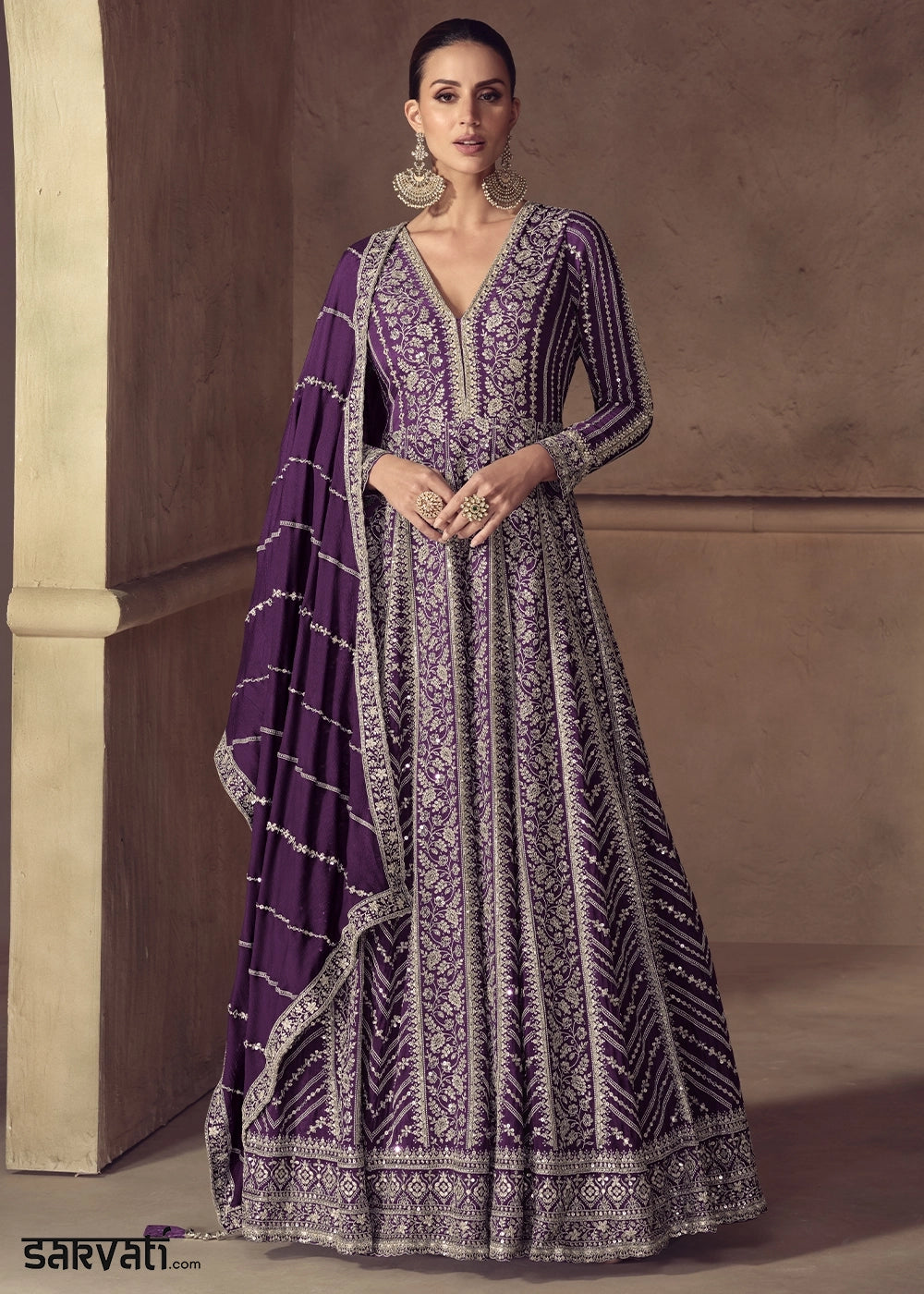 Indigo Purple Chinon Silk Anarkali Suit with Dual Side Embroidery