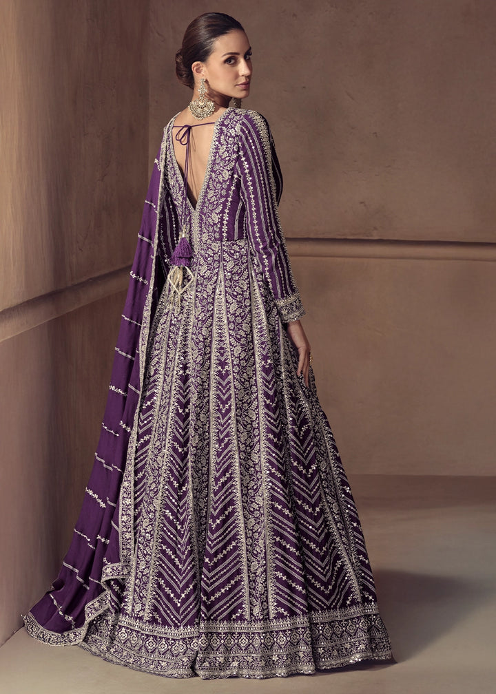 Indigo Purple Chinon Silk Anarkali Suit with Dual Side Embroidery