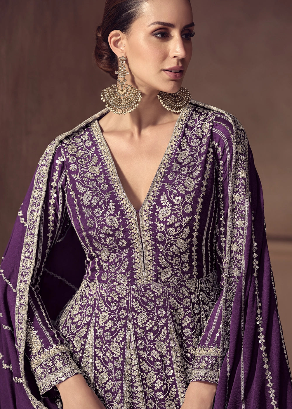 Indigo Purple Chinon Silk Anarkali Suit with Dual Side Embroidery