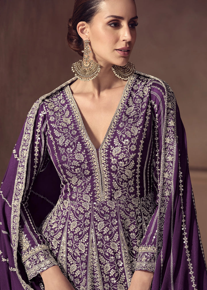 Indigo Purple Chinon Silk Anarkali Suit with Dual Side Embroidery