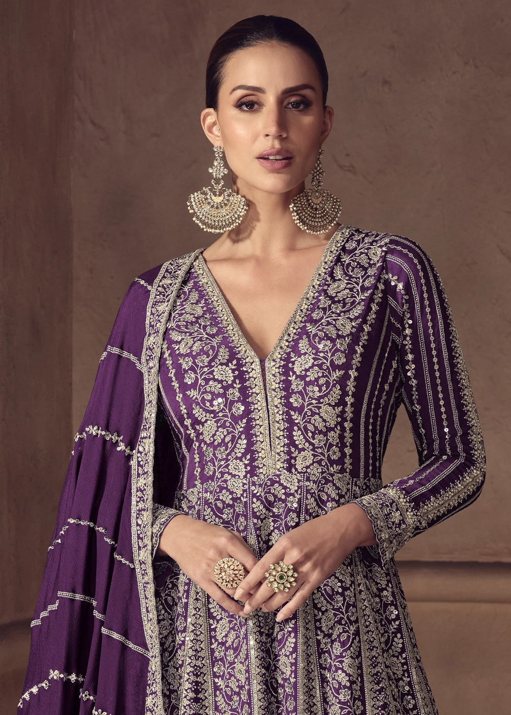 Indigo Purple Chinon Silk Anarkali Suit with Dual Side Embroidery
