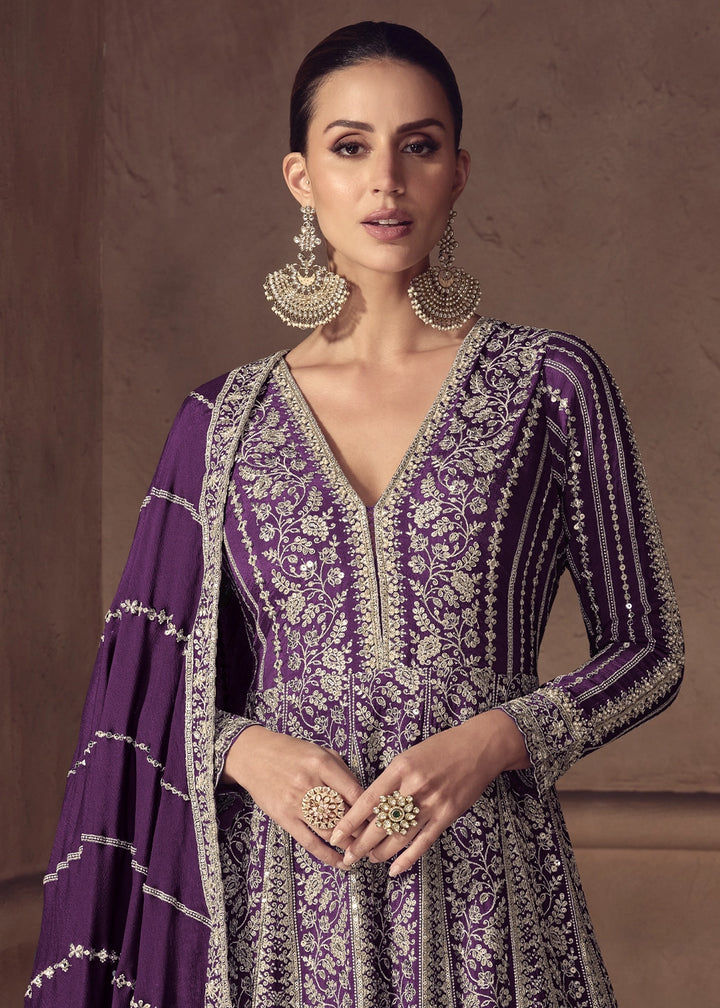 Indigo Purple Chinon Silk Anarkali Suit with Dual Side Embroidery
