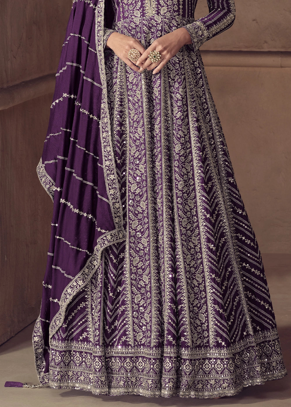 Indigo Purple Chinon Silk Anarkali Suit with Dual Side Embroidery