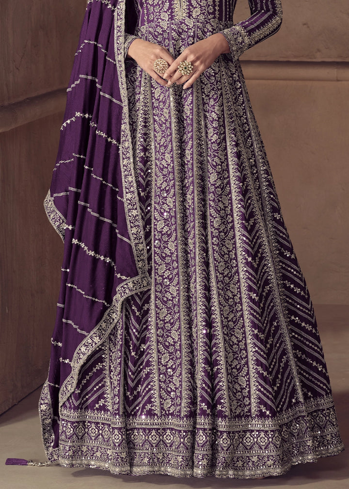 Indigo Purple Chinon Silk Anarkali Suit with Dual Side Embroidery