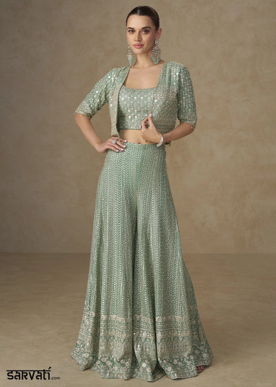 Greenish Blue Embroidered Georgette 3-Piece Set – Crop Top, Palazzo & Jacket