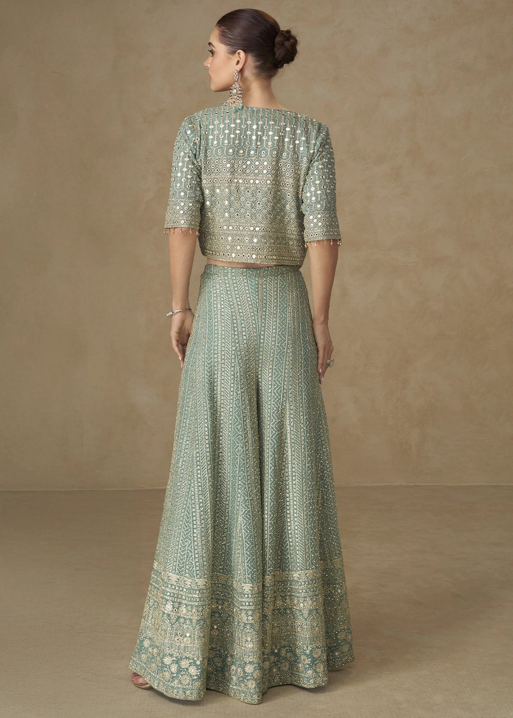 Greenish Blue Embroidered Georgette 3-Piece Set – Crop Top, Palazzo & Jacket