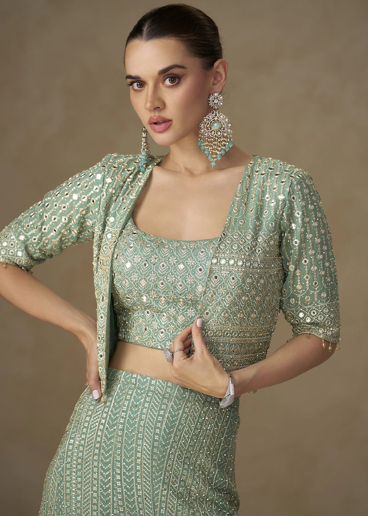 Greenish Blue Embroidered Georgette 3-Piece Set – Crop Top, Palazzo & Jacket