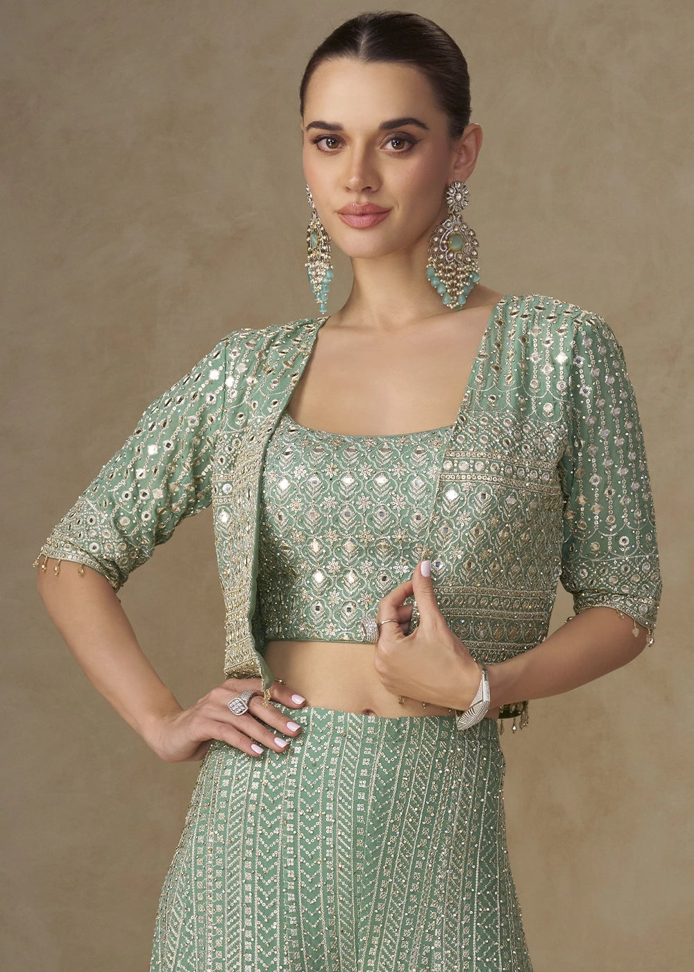 Greenish Blue Embroidered Georgette 3-Piece Set – Crop Top, Palazzo & Jacket