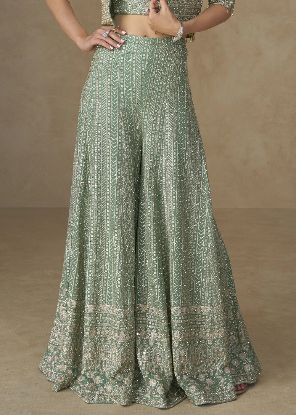 Greenish Blue Embroidered Georgette 3-Piece Set – Crop Top, Palazzo & Jacket