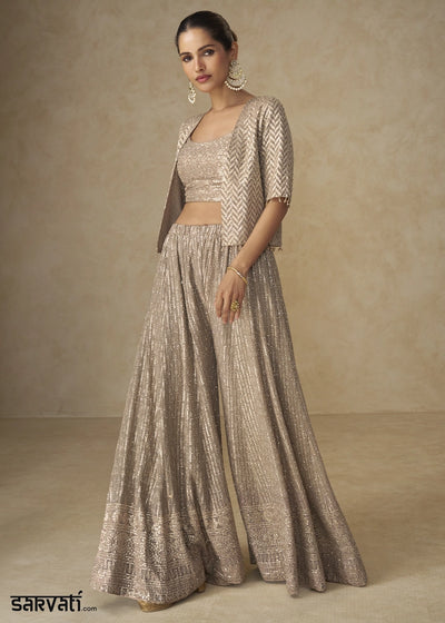 Metallic Brown Embroidered Georgette 3-Piece Set – Crop Top, Palazzo & Jacket