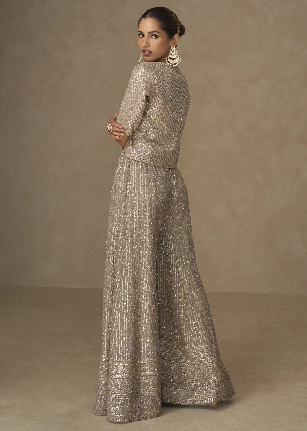 Metallic Brown Embroidered Georgette 3-Piece Set – Crop Top, Palazzo & Jacket