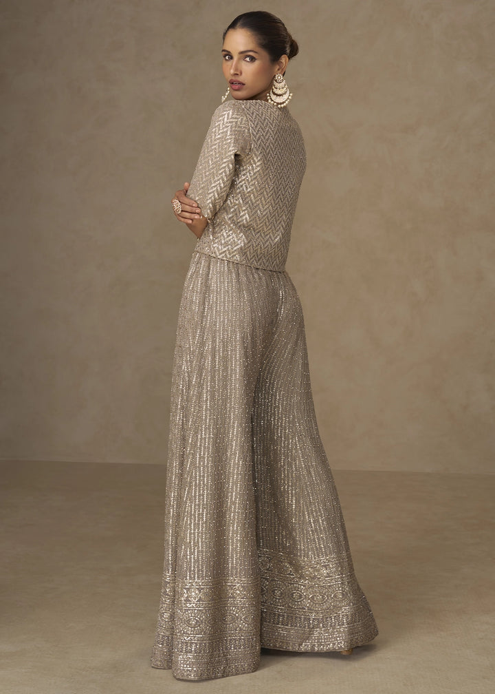 Metallic Brown Embroidered Georgette 3-Piece Set – Crop Top, Palazzo & Jacket