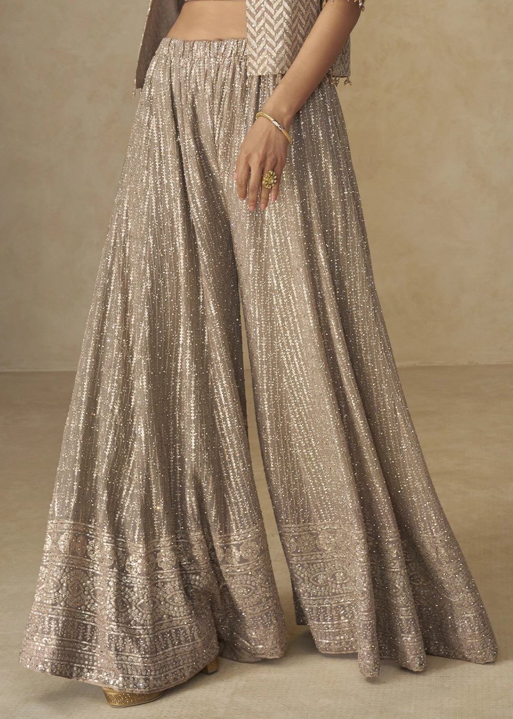 Metallic Brown Embroidered Georgette 3-Piece Set – Crop Top, Palazzo & Jacket